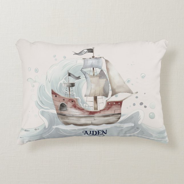 Söt rolig ocean piratskepp barns  prydnadskudde (Framsidan)