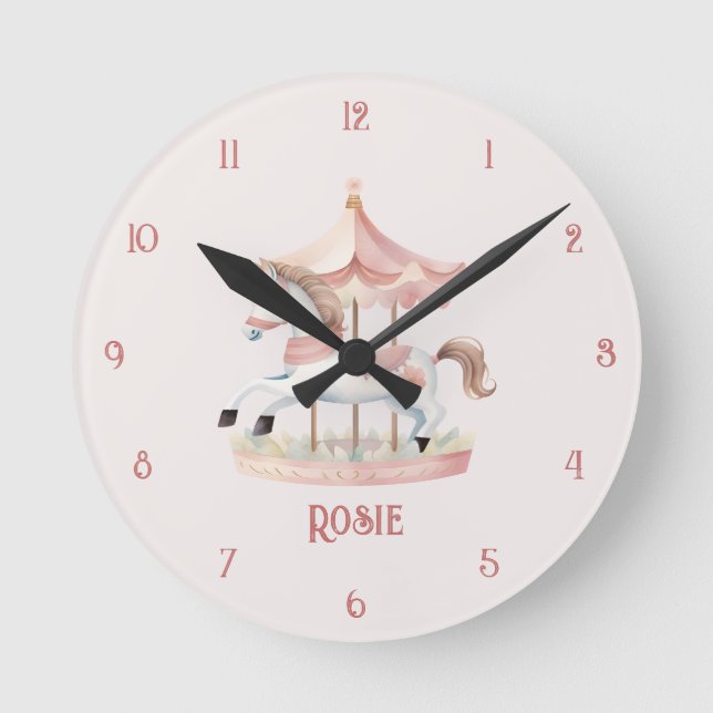 Söt rolig Rosa Cirkus Karusell Barns Väggur (Framsida)