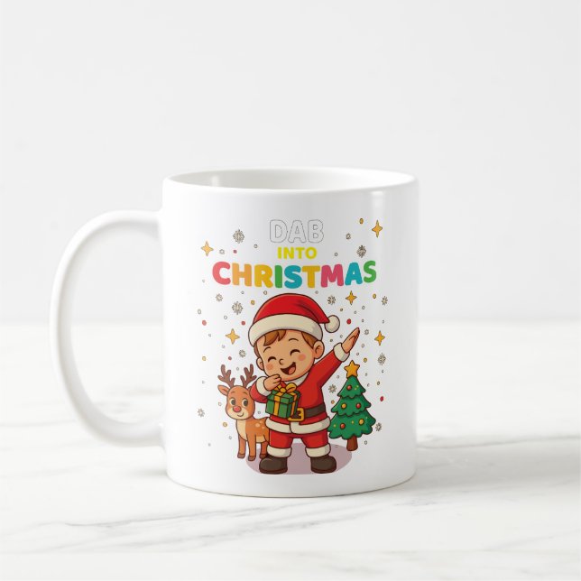 Söt Rolig Tomte Kid Dabbar Jul Mugg med Re (Vänster)