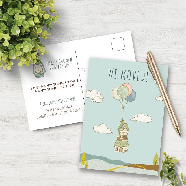Söt Rolig Vi Har Bytt Hus | Ballonghus Meddelande Vykort (Cute Fun We Moved | Balloon House Announcement Postcard)