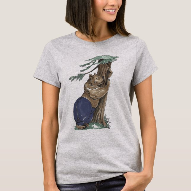 Söt Rolig Whimsical Träd Huggande Björn Utomhus Tee Shirt (Framsida)
