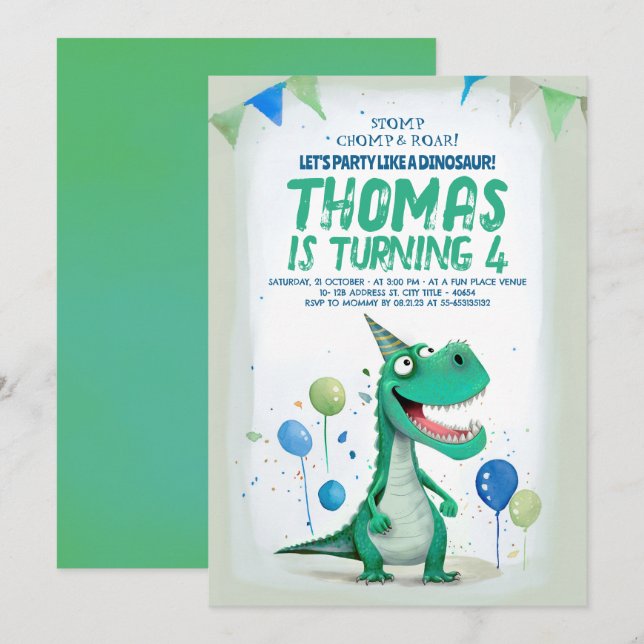 Söt Roligt Dinosaur Blue och Grönt Birthday Inbjudningar (Fram/baksida)