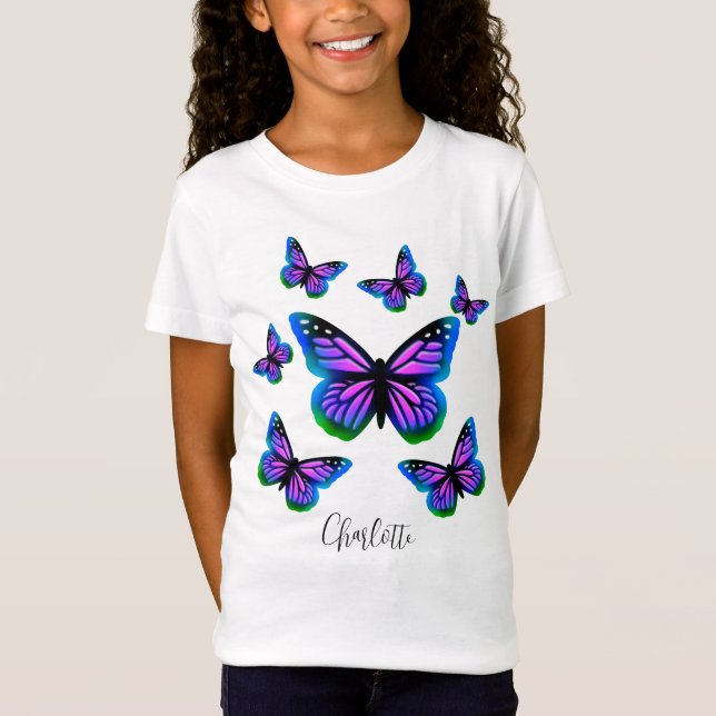 Söt roligt lila rosa blue butterflulies t shirt (Framsida)
