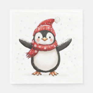 Söt, roligt penguin i scarf och hatt på vintern pappersservett