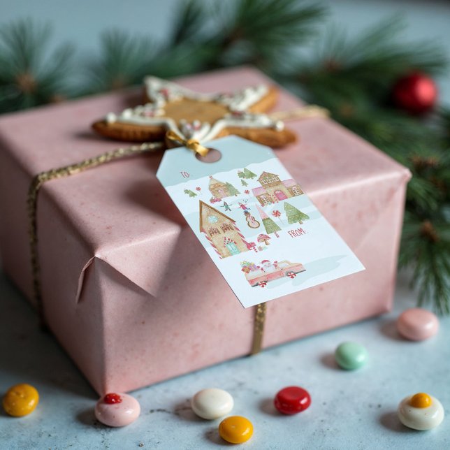 Söt Roligt Vattenfärg Gingerbröd Candy Town Presentetikett (Sweet Fun Watercolor Gingerbread Candy Town Gift Tags)