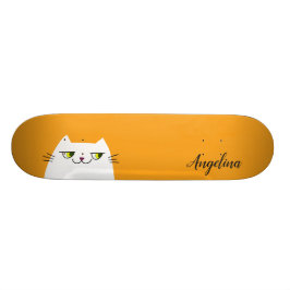 Söt Rollig Enkel Vit Katt Gul Monogram Mini Skateboard Bräda 18,5 Cm