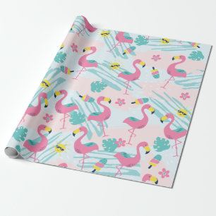 Söt Rollig Flamingo Mintgrön Tropisk Mönster Presentpapper