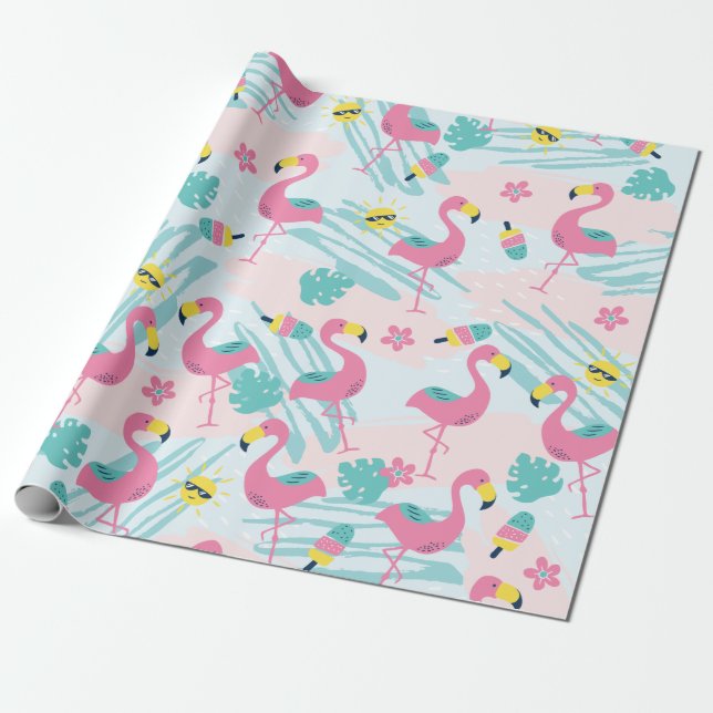 Söt Rollig Flamingo Mintgrön Tropisk Mönster Presentpapper (Utrullad)