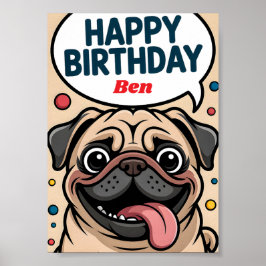 Söt Rollig Mops Hund Glad Födelsedag Poster
