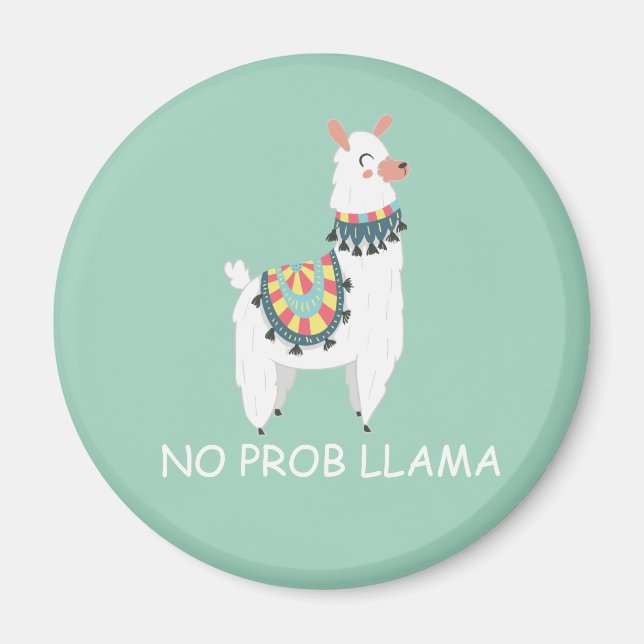 Söt Rollig Vit Lama Mintgrön Inget Problema Lama Magnet (Framsidan)