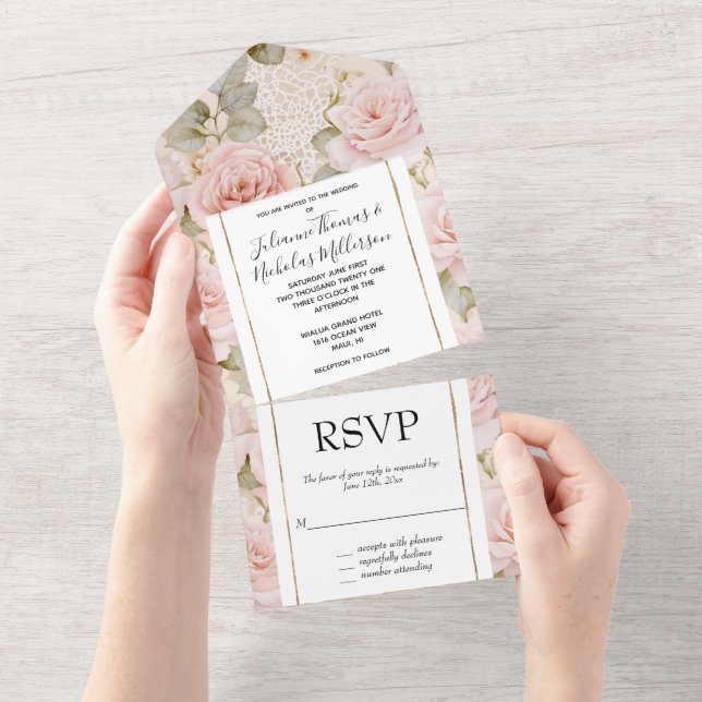 Söt Romantic Cream Rosa ros Blommigt Bröllop (Avrivbar del)