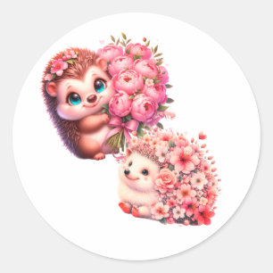 Söt romantisk blommig illustration av igelkott-duo runt klistermärke