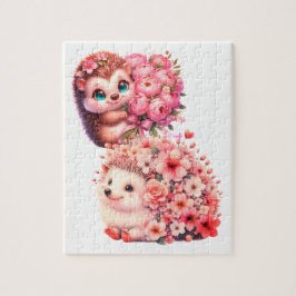 Söt romantisk blommig illustration av igelkottpar pussel