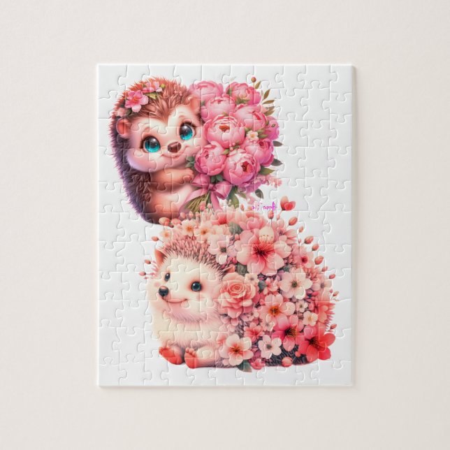 Söt romantisk blommig illustration av igelkottpar pussel (Vertikal)