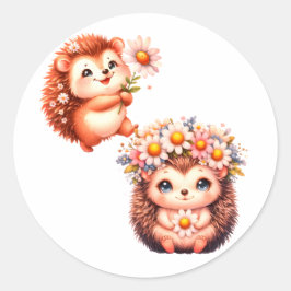Söt romantisk blommig illustration av igelkottpar runt klistermärke