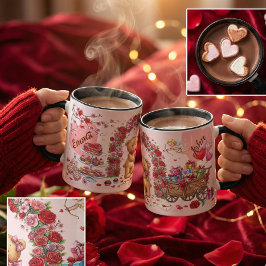 Söt romantisk röd och rosa akvarellälsklingsmönste mugg
