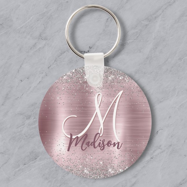 Söt ros rodnad silver falsk glitter monogram nyckelring (Skapare uppladdad)