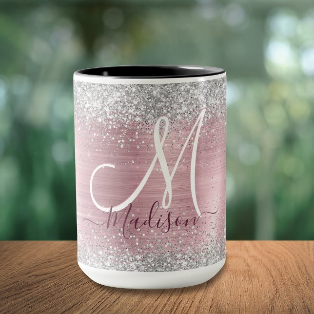 Söt ros rodnad silver falskt glitter monogram mugg (Skapare uppladdad)