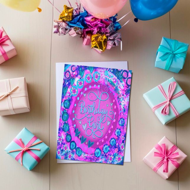 Söt Rosa Abstrakt Birthday Girl Trendig Kort (Skapare uppladdad)