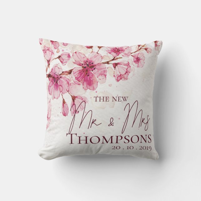 Söt Rosa Akvarell Blommig Ny Herr Fru Bröllop Kudde (Framsida)