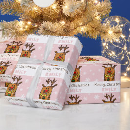 Söt Rosa Älg Ritar Snöflingor Tjej Jul Presentpapper