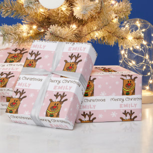 Söt Rosa Älg Ritar Snöflingor Tjej Jul Presentpapper