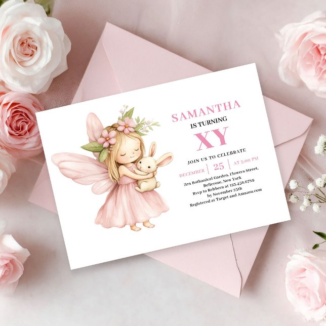 Söt Rosa Älva Flickas Födelsedag Blommig Rodnad in Inbjudningar (Cute Pink Fairy Girl Birthday Floral Blush invitation)