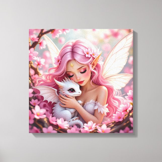 Söt rosa älva och drak-fairy  canvastryck (Framsida)