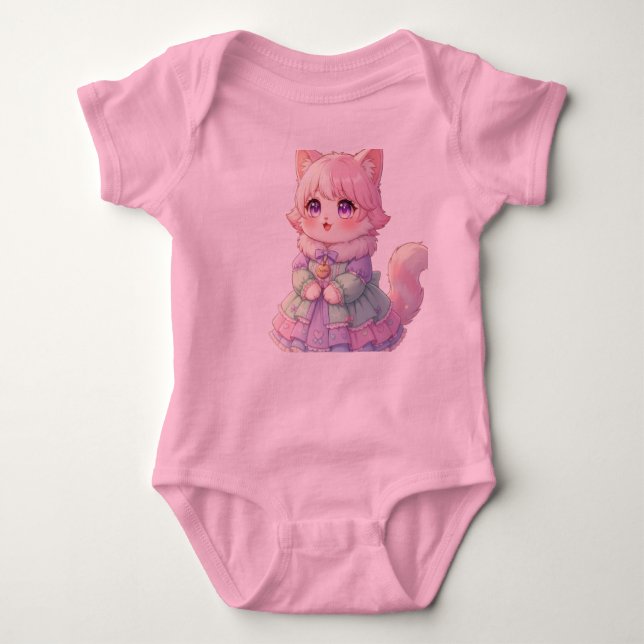 Söt rosa anime katt baby shower present bodytröja t shirt (Framsida)