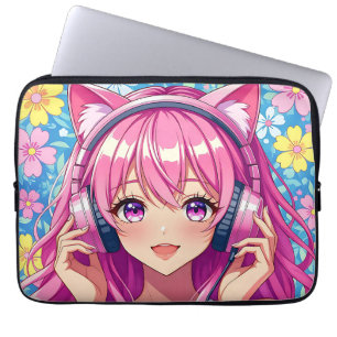 Söt rosa animeflicka med hörlurar laptop fodral