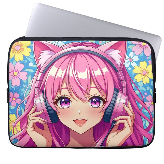 Söt rosa animeflicka med hörlurar laptop fodral (Framsidan)