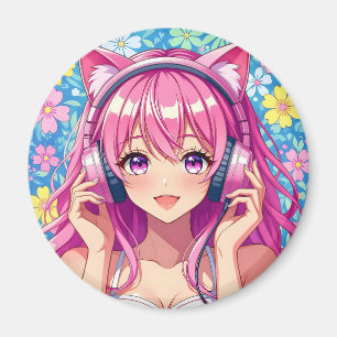 Söt rosa animeflicka med hörlurar magnet