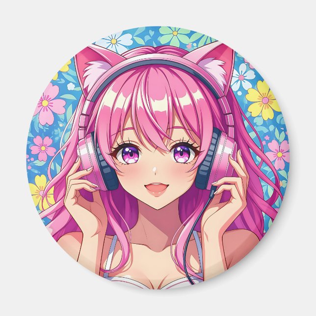 Söt rosa animeflicka med hörlurar magnet (Framsidan)