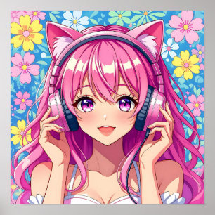 Söt rosa animeflicka med hörlurar poster