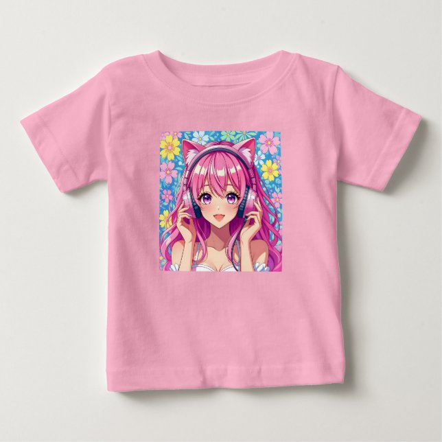 Söt rosa animeflicka med hörlurar   t shirt (Framsida)