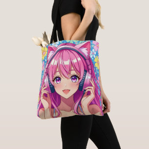 Söt rosa animeflicka med hörlurar tygkasse