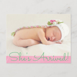 Söt Rosa "Ankomst av Shes Arrived" Baby Birth Not Meddelande Vykort