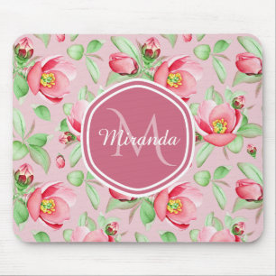 Söt rosa Apple blommarblommigt med monogramen Musmatta