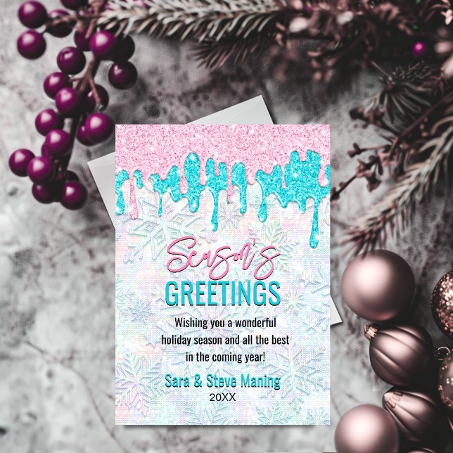 Söt Rosa Aqua Iridescent Glitter Julfirande Julkort (Skapare uppladdad)