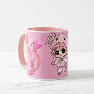 Söt Rosa Axolotl Kawaii Chibi Flicka Kaffemugg