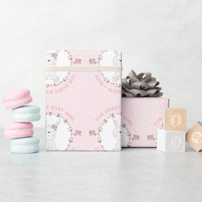 Söt Rosa Baby Kanin Blommig Krans Personlig Presentpapper (Baby Shower)