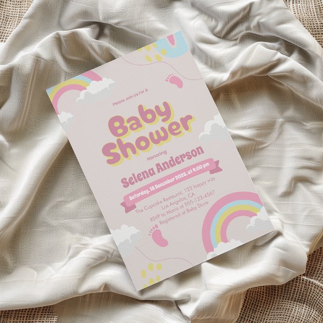 Söt rosa baby shower-inbjudan med regnbågar        inbjudningar (Skapare uppladdad)