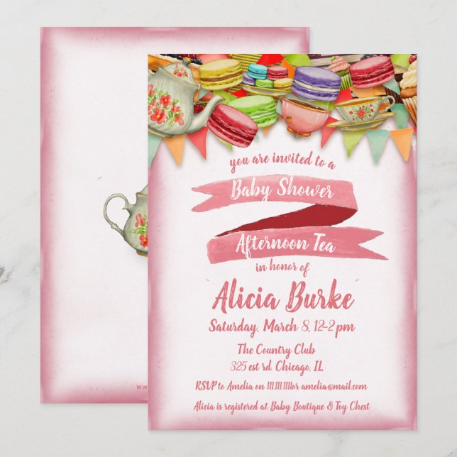 Söt Rosa Baby Shower Tea Party-inbjudan Inbjudningar (Fram/baksida)