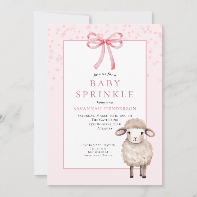 Söt rosa baby sprinkle med båge och sött lamm  inbjudningar (Framsida)