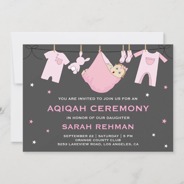 Söt Rosa Babyflicka Aqiqah Inbjudningar (Framsida)