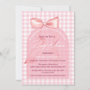 Söt Rosa Båge1 Gingham Valvbåge Flickig Bebis Baby Inbjudningar
