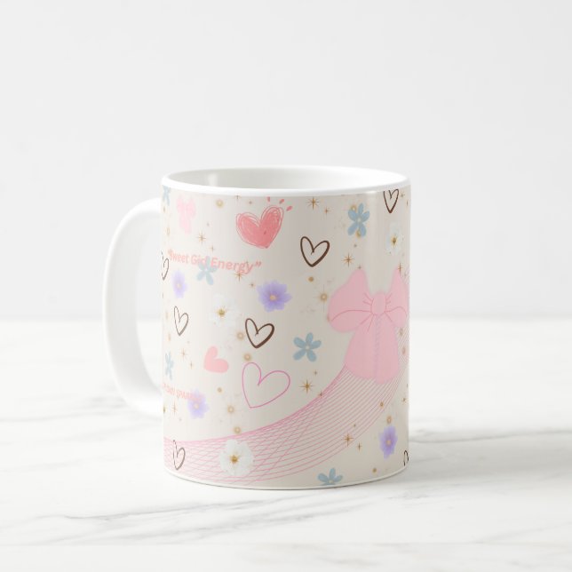 Söt Rosa Båge Estetisk Mugg | Kawaii Söt Pastell  (Framsida vänster)