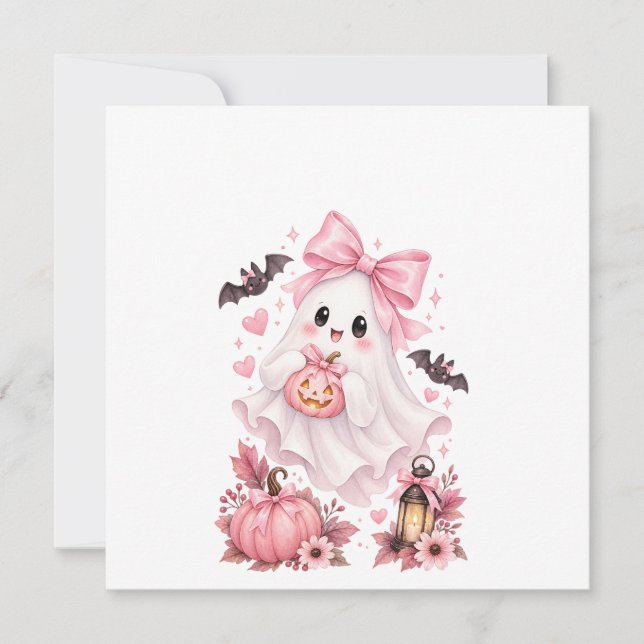 Söt Rosa Båge Spök Halloween-dekal Inbjudningar (Framsida)