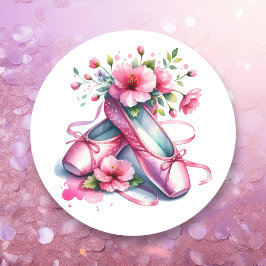 Söt Rosa Ballet och blommorna Runt Klistermärke