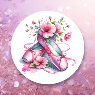 Söt Rosa Ballet och blommorna Runt Klistermärke